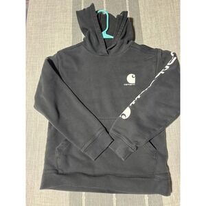 Kids Carhartt Black Graphic‎ Logo Hoodie Pullover Sweatshirt Size L 14-16